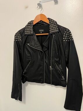 Topshop Black Studded Faux Leather Moto Jacket with Silver Hardware